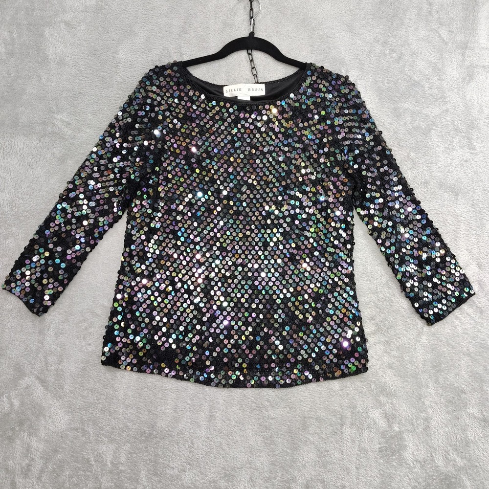 Vtg Lillie Rubin Large  Colorful Sequined Mesh Top 80s Party‎ Glam Dance NYE